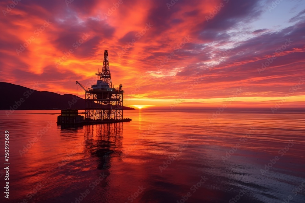 Offshore jack up rig at sunset in the middle of the sea, oil and gas industry concept