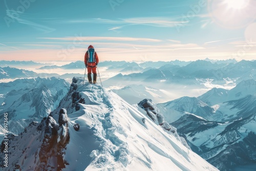 A person standing on top of a snow covered mountain. Suitable for outdoor and adventure concepts