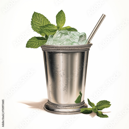 Mint julep in traditional silver cup watercolor