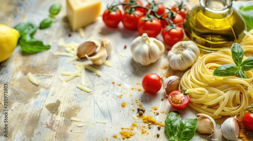 Fresh pasta and colorful vegetables on a rustic wooden table. Suitable for food blogs or recipe websites