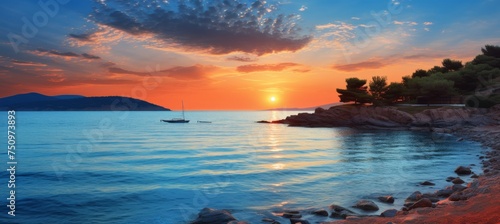 ..title. scenic view of a beautiful sailboat on the coast during a vibrant sunset .