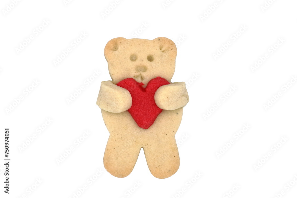 Cute cookie bear with red heart isolated on white. Valentine's day celebration Cute cookie bear with red heart isolated on white. Valentine's day celebration