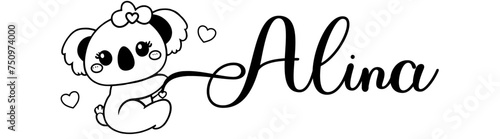 Alina - black color - name written - Word with Koala kawaii for websites, baby shower, greetings, banners, cards,, t-shirt, sweatshirt, prints, cricut, silhouette, sublimation	 photo