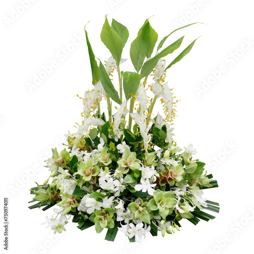 Wedding floral decoration with tropical green leaf plants and exotic flowers (dancing lady ginger, white orchids and Curcuma), floral arrangement bouquet
