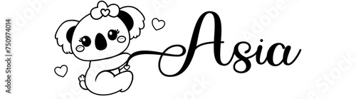 Asia - black color - name written - Word with Koala kawaii for websites, baby shower, greetings, banners, cards,, t-shirt, sweatshirt, prints, cricut, silhouette, sublimation	