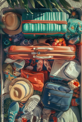A suitcase filled with various types of luggage, ideal for travel concept