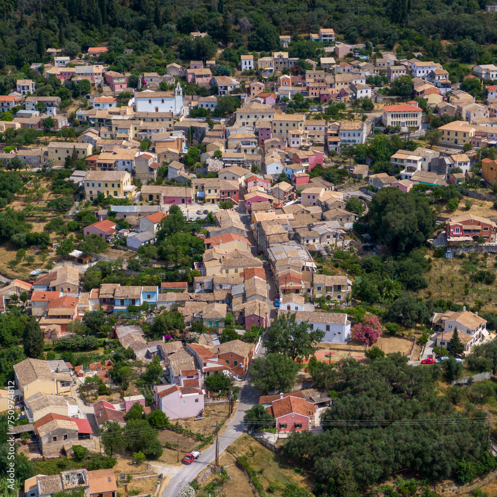 Panoramic drone view of Skripero village in corfu island,Greece