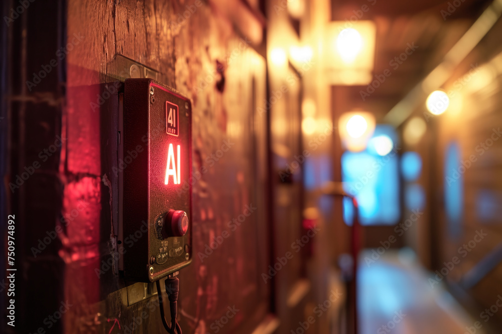 An AI-controlled electrical panel in the hallway of a house. Glowing text AI.