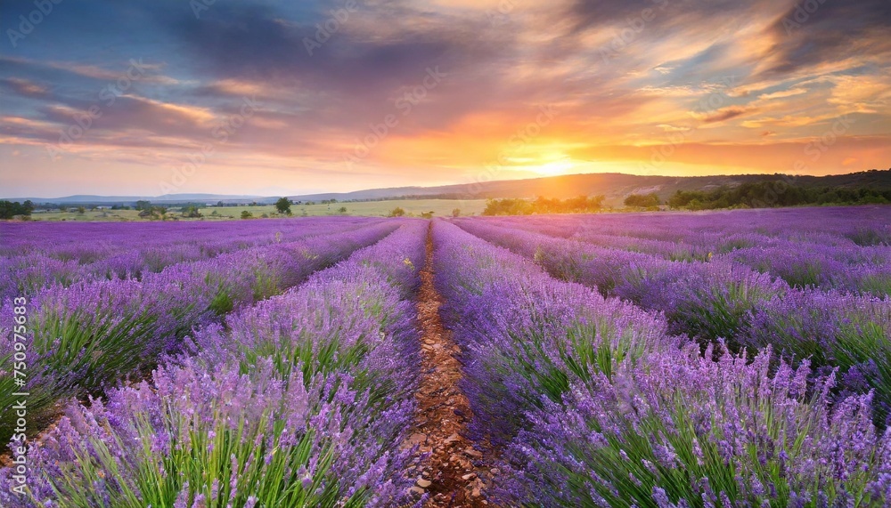 meadow of lavender at sunset