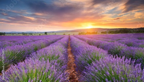 meadow of lavender at sunset