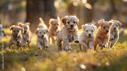 Group of Puppies Running Around a Tree