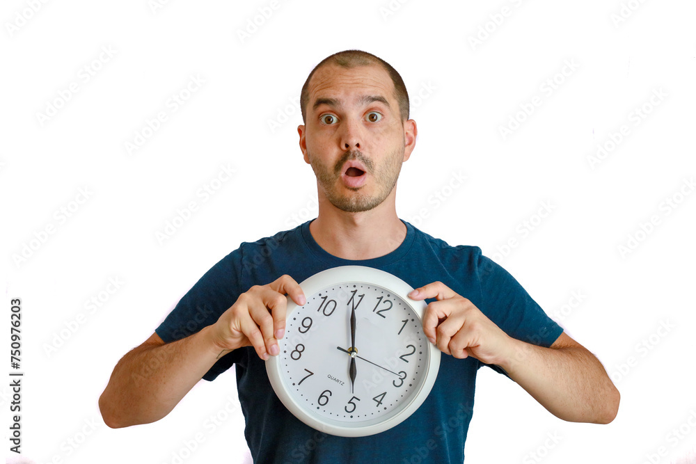 expressive average looking bald man holding a round clock expressive average looking bald man holding a round clock