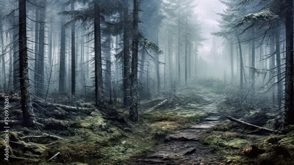 Obraz premium Lush greenery thrives in the tranquil forest, where towering trees and abundant foliage create a picturesque scene of untouched nature.