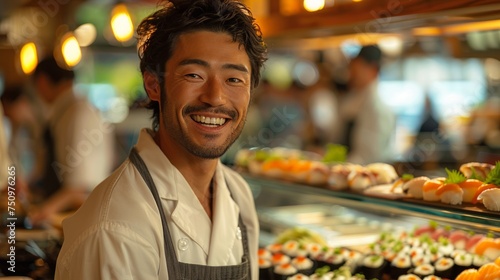 Man Standing in Front of Sushi Display