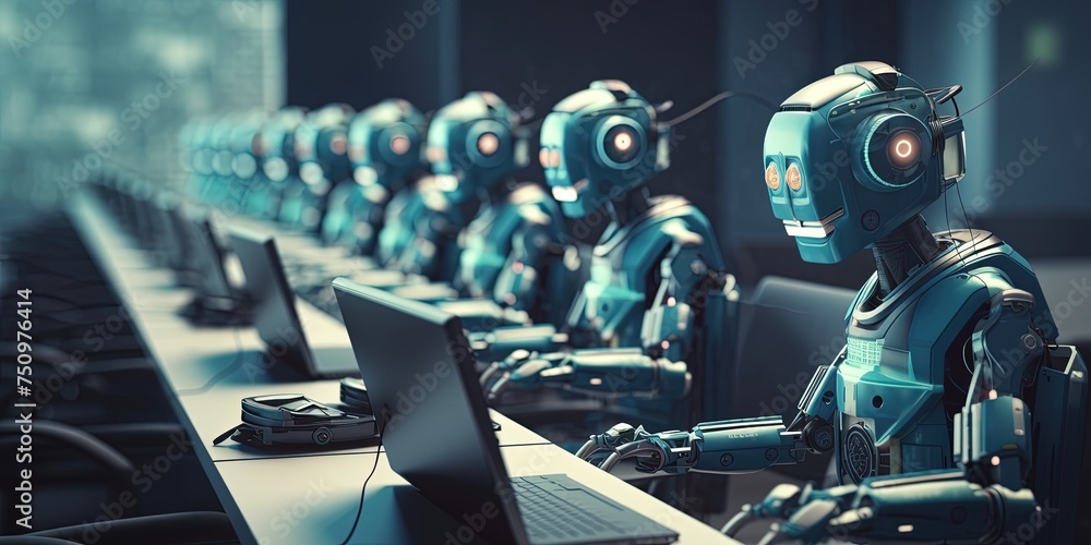 Row of robots in call center working as operators answering customer calls Row of robots in call center working as operators answering customer calls