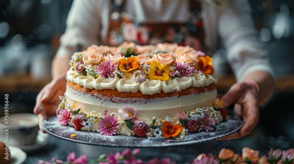 Person Decorating Cake With Flowers