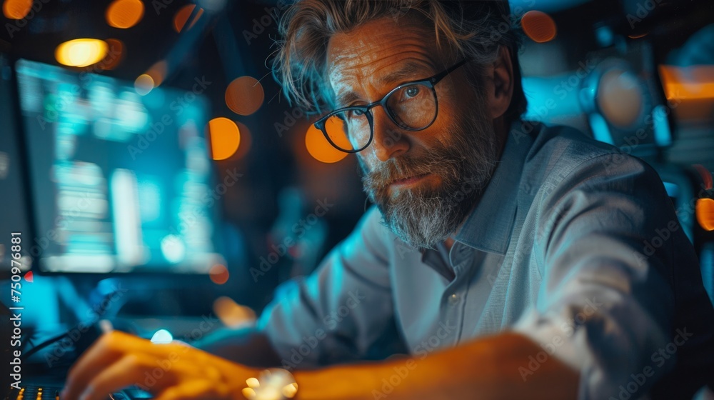 Obraz premium Man Sitting at Desk With Computer