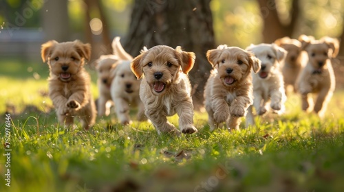 Group of Puppies Running Through Forest