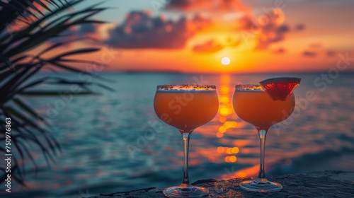 Two Glasses of Ice Tea on a Beach at Sunset