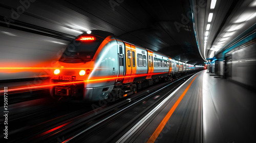 Train blurred motion and light in an urban scene. Generative AI