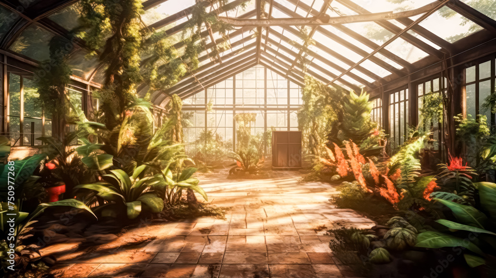 A captivating glass greenhouse filled with an array of vibrant and exotic plants, creating a stunning botanical oasis of natural beauty and serenity.