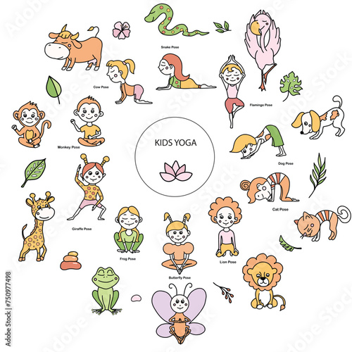 Set of kids yoga animal poses and tropical leaves, flowers, branches. Vector cartoon illustration in doodle style.