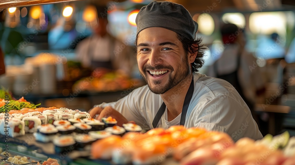 Man Standing in Front of Sushi Display Man Standing in Front of Sushi Display