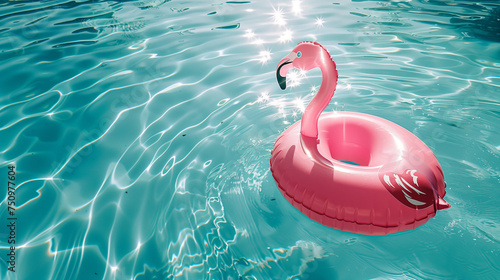 A pink inflatable flamingo floats in a swimming pool, illuminated by the bright midday sun.