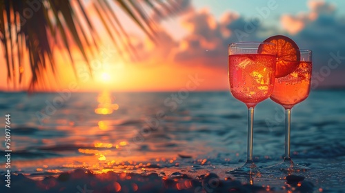 Two Glasses of Ice Tea on a Beach at Sunset
