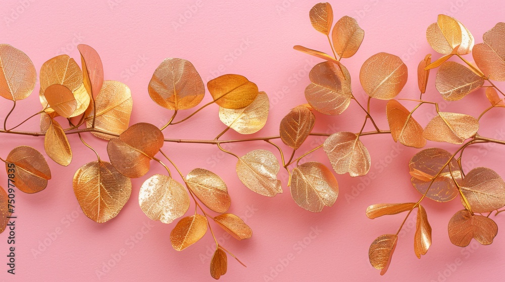 Golden eucalyptus branch on pink background. Top view, copy space for text. Festive, delicate botanical style background Golden eucalyptus branch on pink background. Top view, copy space for text. Festive, delicate botanical style background