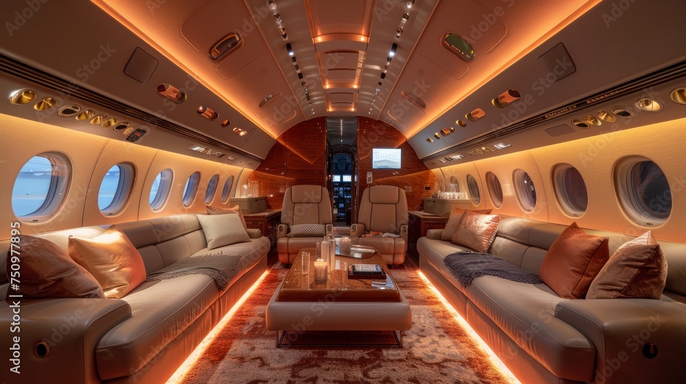 Fototapeta premium Inside the Airplane With Couches and Tables