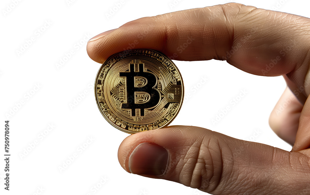 Bitcoin digital golden coin held between the fingers of the hand on transparent background. Bitcoin digital golden coin held between the fingers of the hand on transparent background.