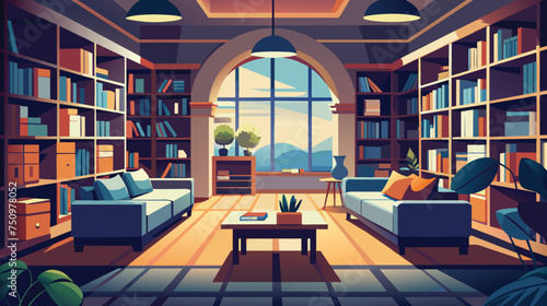 Cozy Home Library With a Mountain View at Dusk
