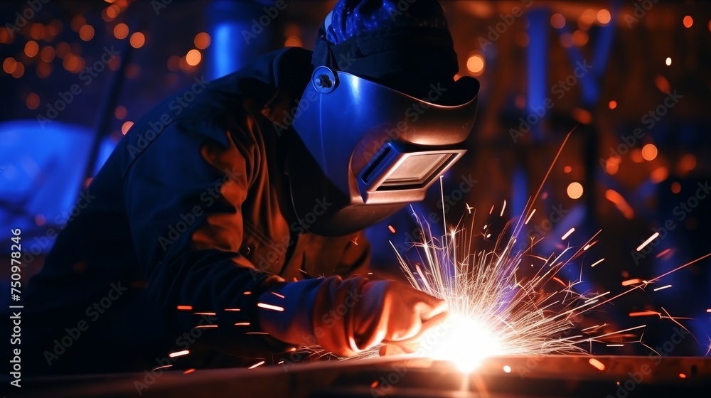 Close up of professional welder working on medium sized pipe with blue light in foreground Close up of professional welder working on medium sized pipe with blue light in foreground