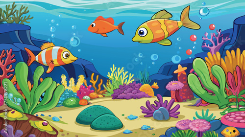 Colorful Underwater Scene With Tropical Fish and Coral Reefs