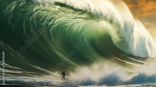 A breathtaking moment frozen in time as a massive ocean wave rises majestically, offering the perfect opportunity for exhilarating surfing adventures.