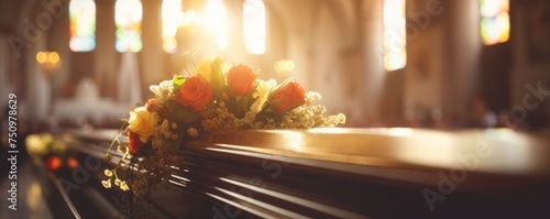 Coffin in a church at funeral with perfect light and flowers, banner. Generative Ai. photo