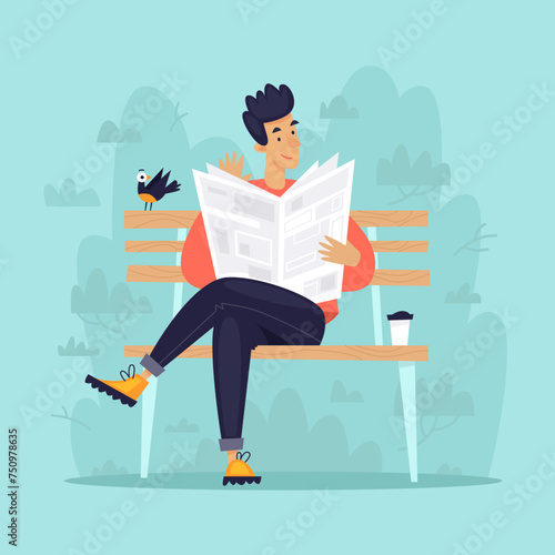 News. Man sits on a bench reading a newspaper. Flat illustration