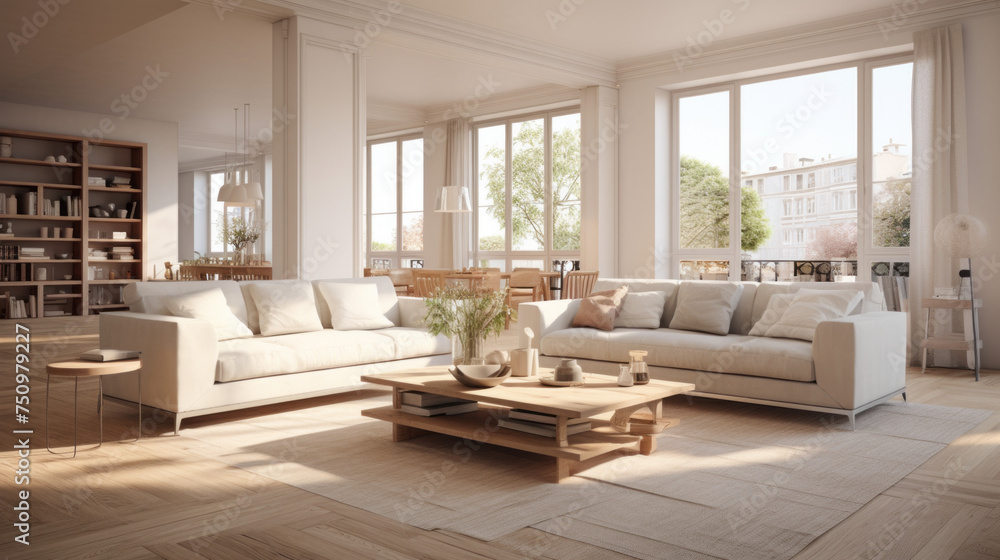 A spacious living room with customizable furniture pieces that can be moved to fit any taste