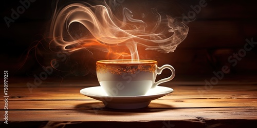 Magical coffee cup with aromatic steam rising, forming twirls on a wooden surface