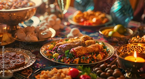 Close-Up Shot of Ramadan Iftar Table Traditional Middle Eastern Cuisine and Decorative Arrangements
 photo