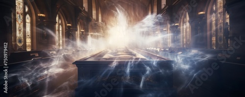 Coffin in the middle of a church at funeral with mystic light  banner. Generative Ai.