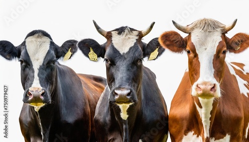 collection of three cow portraits in different colours black brown white isolated on white background as transparent png animal bundle © Kira