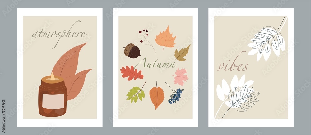 Flat illustration. Set of autumn postcard or poster. Autumn atmosphere concept. The illustration shows a candle and autumn leaves...