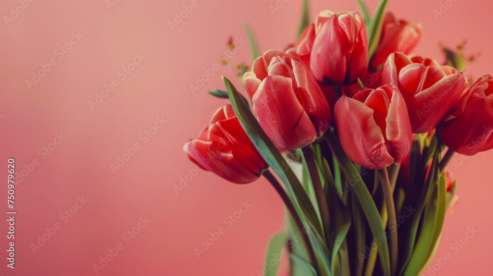 Tulips on a pink background, congratulations on March 8 and Mother's Day