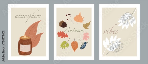 Flat illustration. Set of autumn postcard or poster. Autumn atmosphere concept. The illustration shows a candle and autumn leaves...