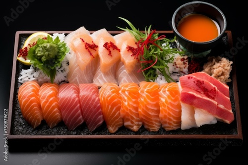 Set sashimi sushi. Dinner food. Generate Ai