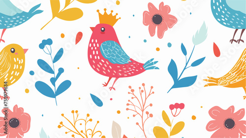 Cartoon beauty bird and crown ornament pattern isola