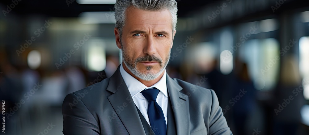 Fototapeta premium A close-up portrait of a middle-aged man in a suit and tie, exuding confidence and leadership as he stands with his arms crossed.
