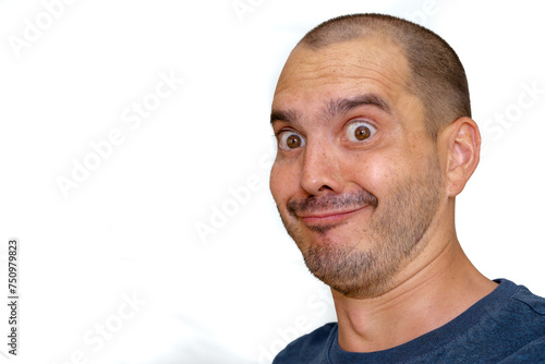 Fototapet expressive bald man making hand gesture , funny face